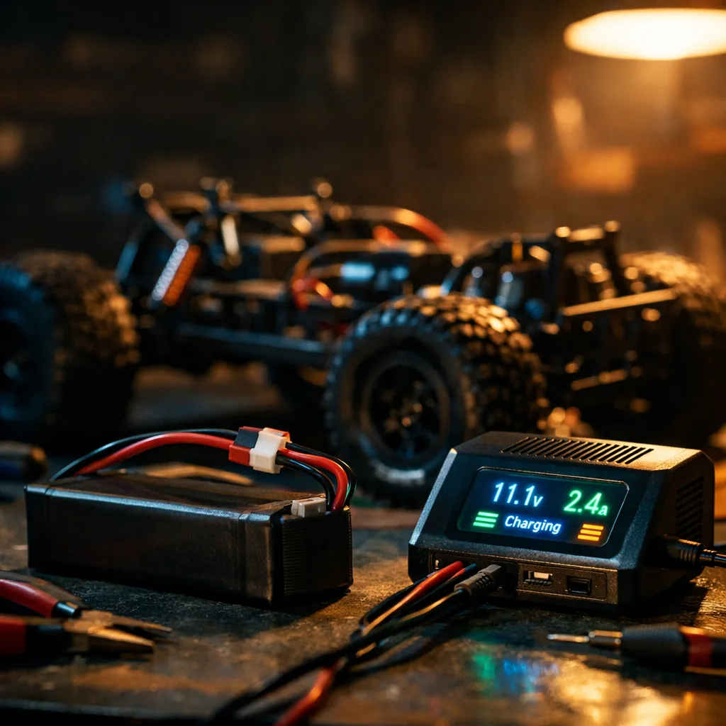 A LiPo battery and smart charger beside an RC chassis on a workbench