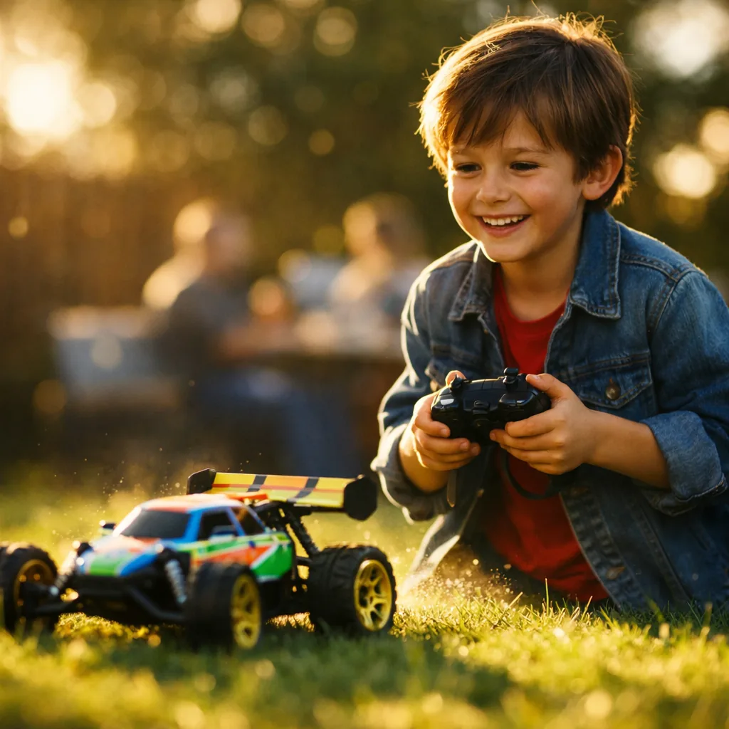 A child driving a colorful RC car across a lawn