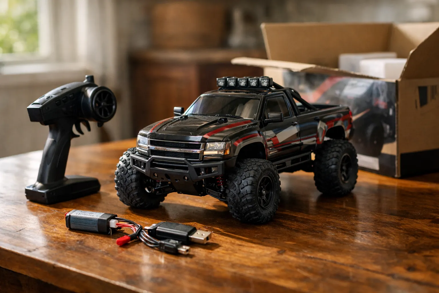 A ready-to-run RC truck unboxed with transmitter, battery and charger