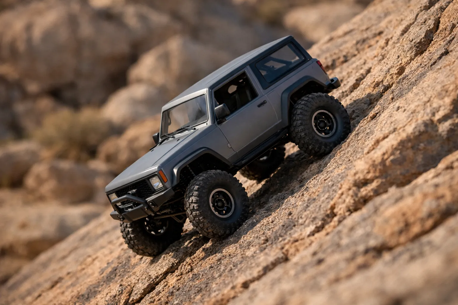 An RC crawler creeping down a steep rock
