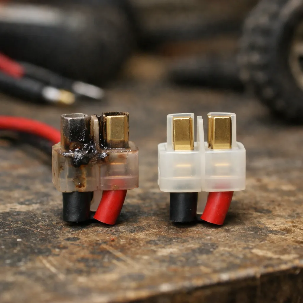 A heat-damaged RC connector next to a new one