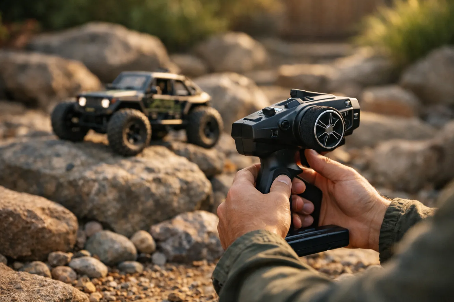 Hands holding an RC transmitter with a crawler on a backyard rock garden
