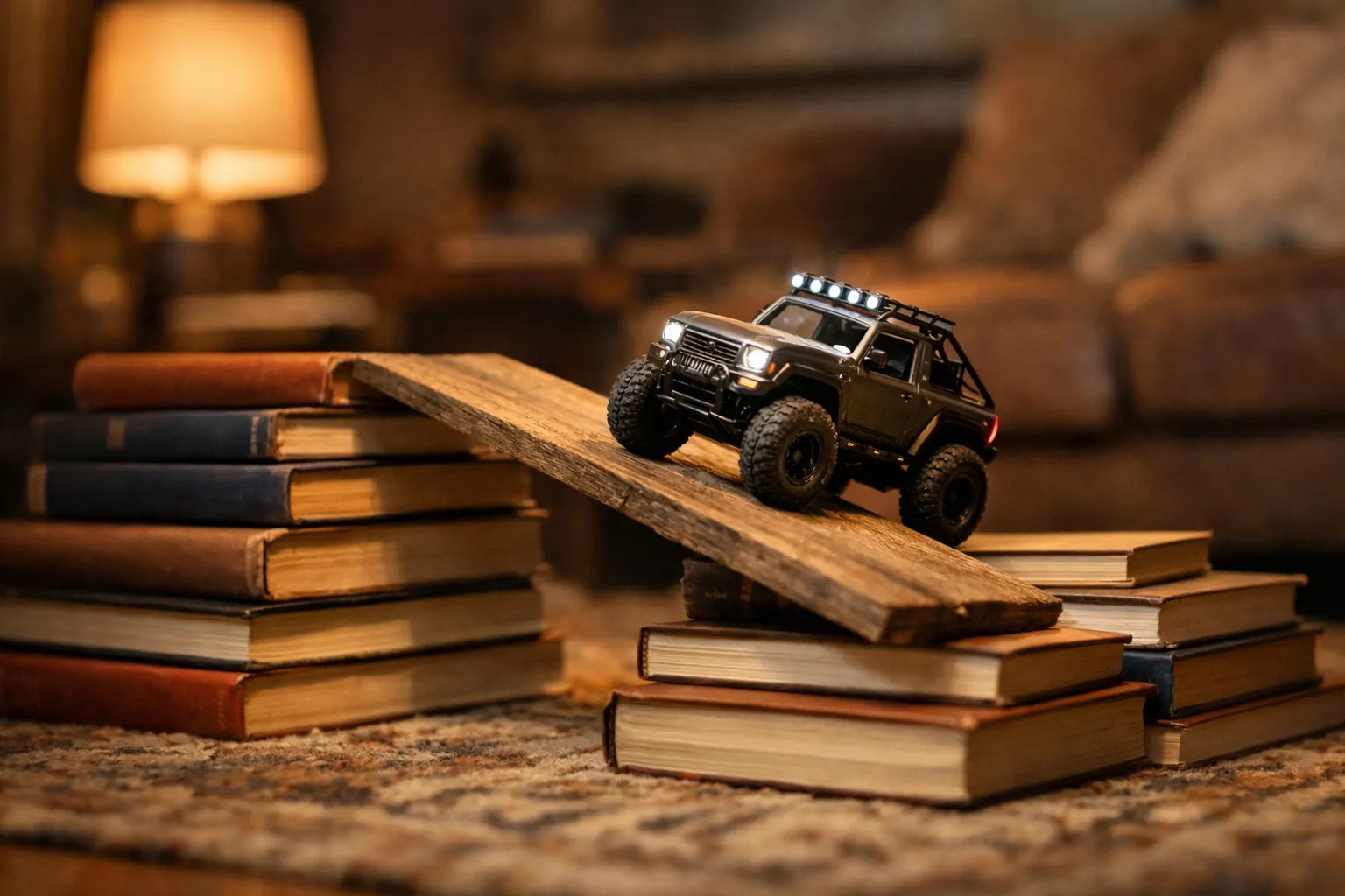 A tiny RC crawler climbing a course of books on a rug