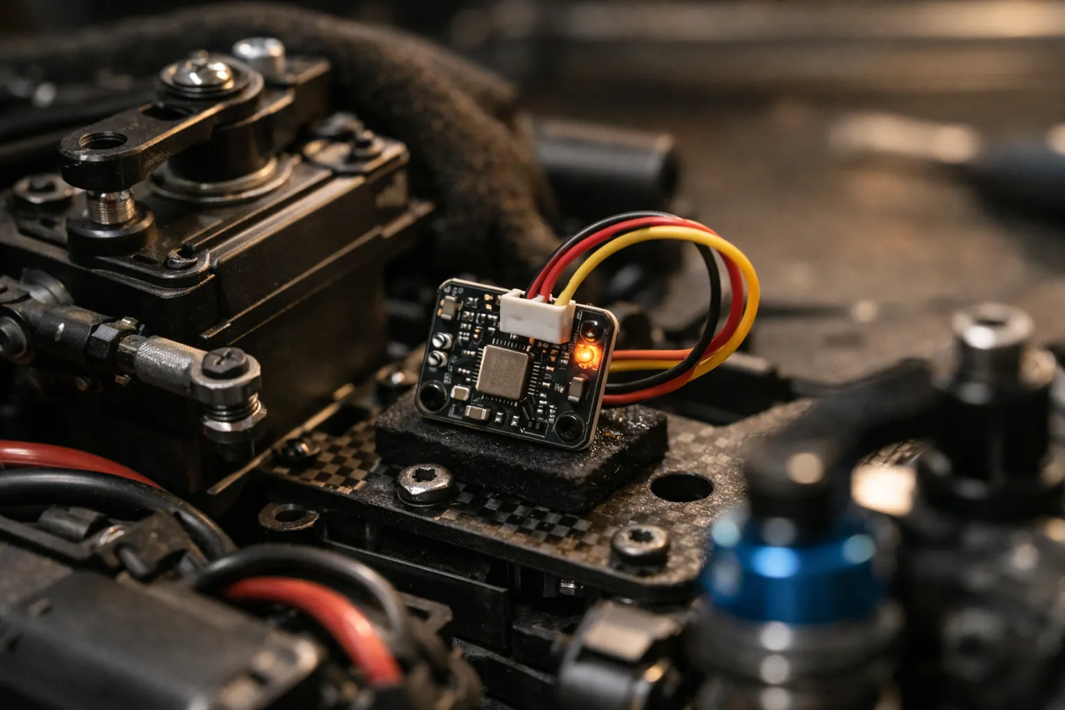 A small gyro module mounted in an RC drift chassis