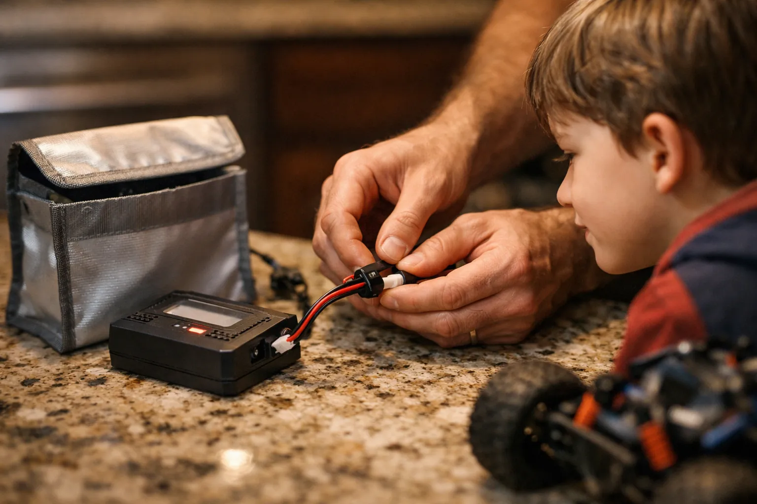 A parent charging an RC battery next to a fire-resistant bag while a child watches