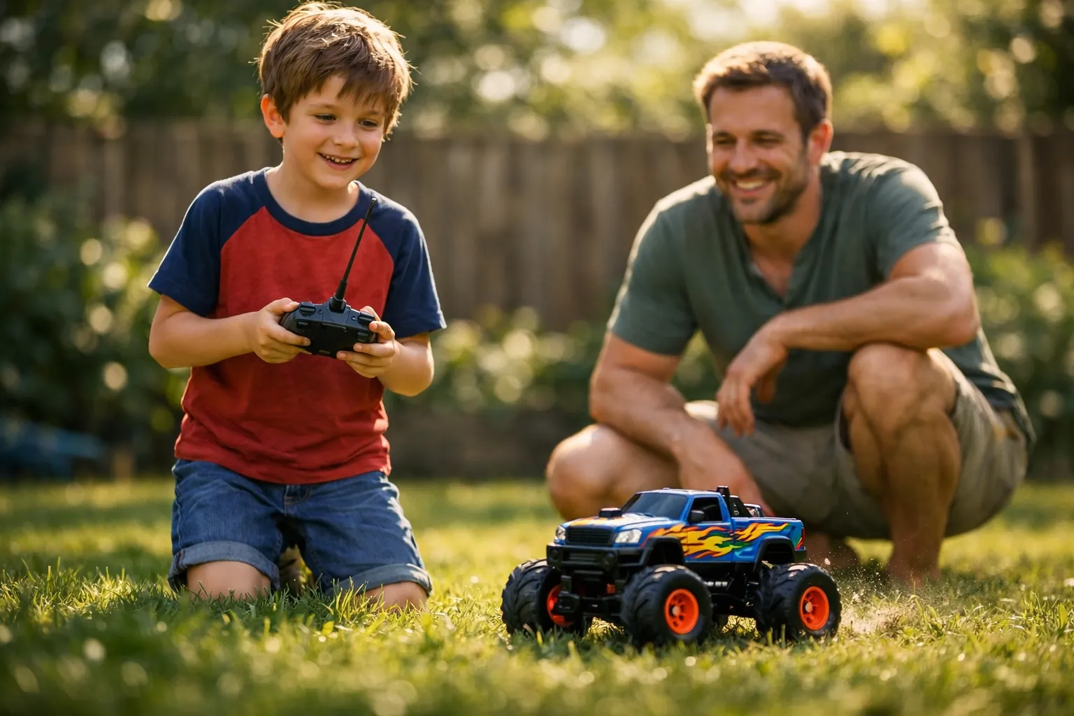 A child driving a colorful remote control monster truck on a backyard lawn while a parent watches