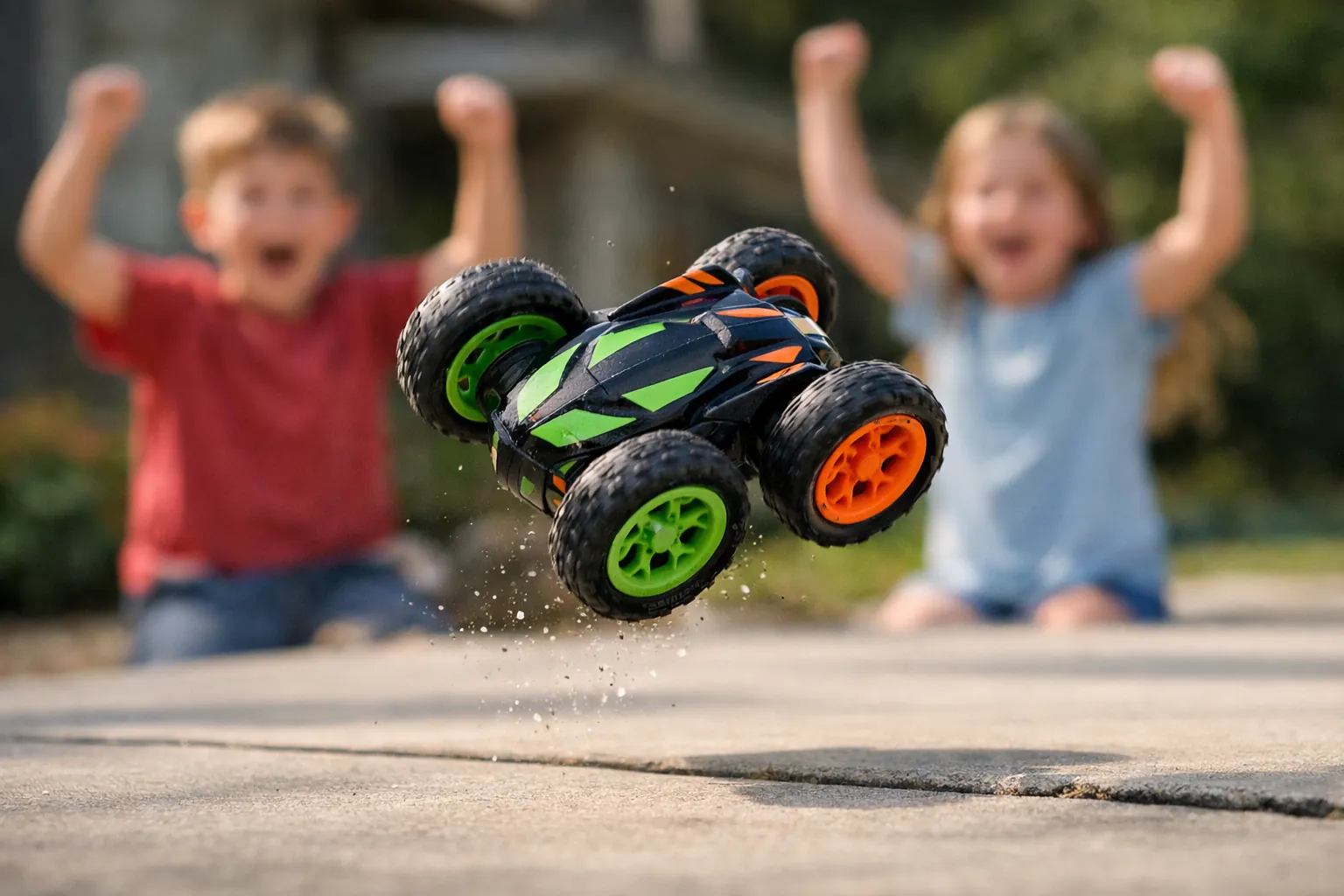 A toy stunt RC car flipping on a driveway with kids watching