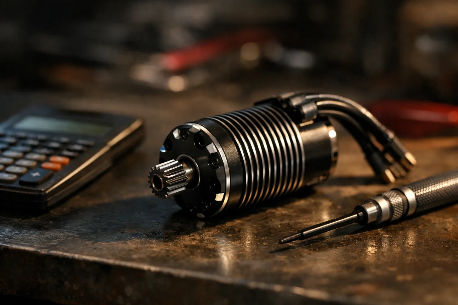 A brushless RC motor with a pinion gear on a workbench beside a calculator