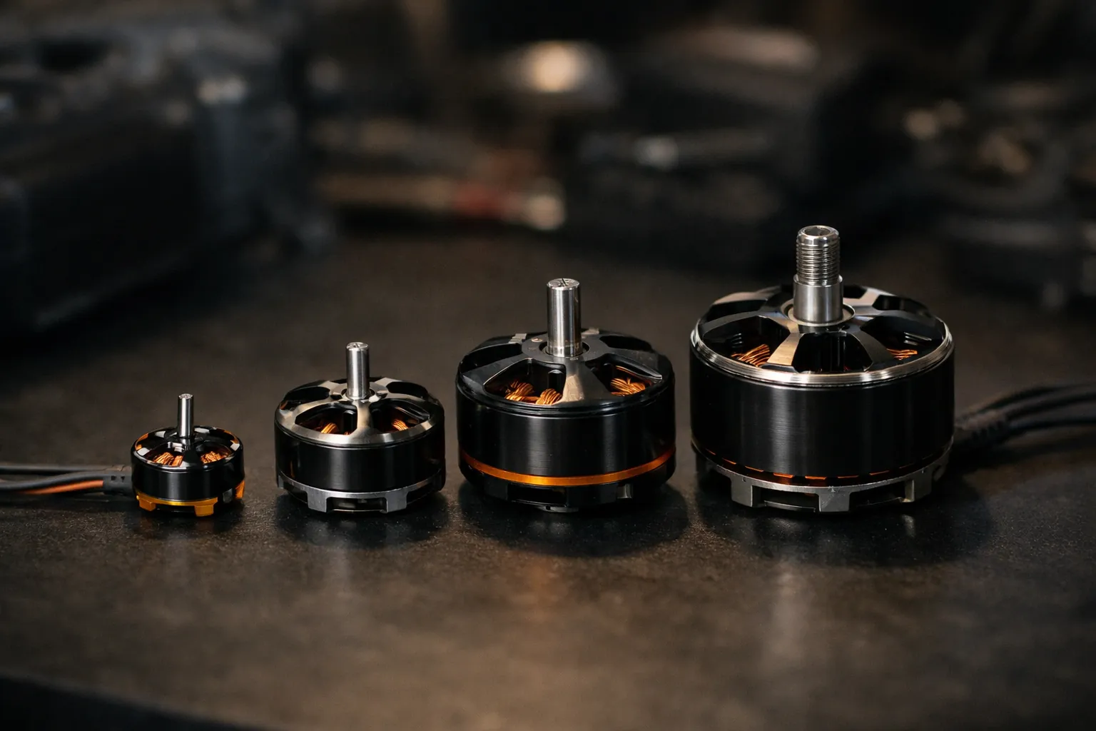 Brushless RC motors lined up from small to large