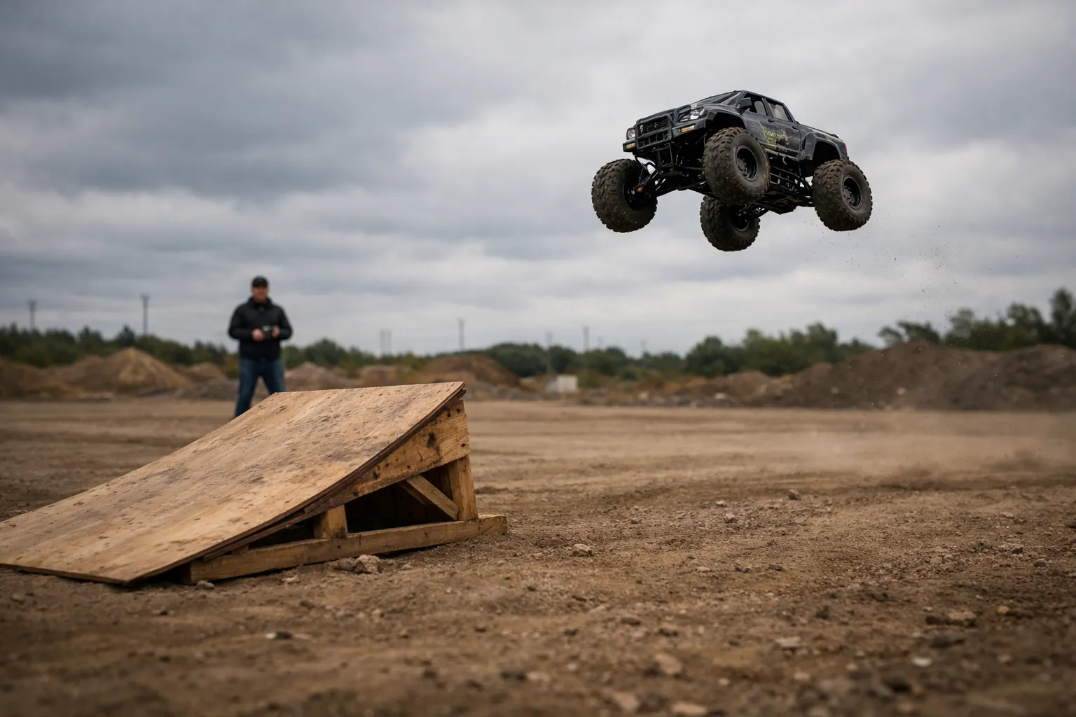 A big RC truck jumping a plywood ramp in a large empty dirt lot