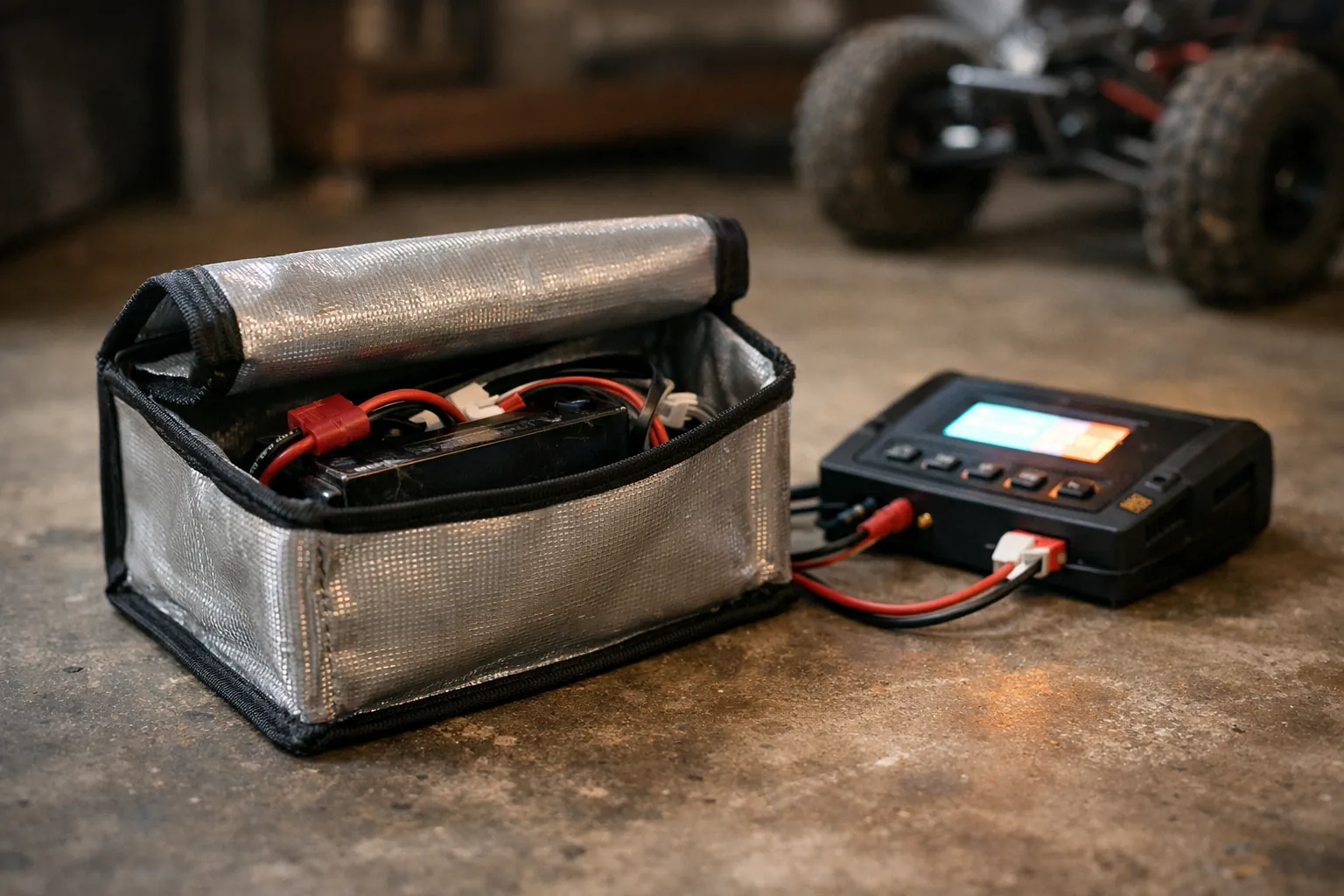 An RC battery charging inside a fire-resistant bag on a concrete floor