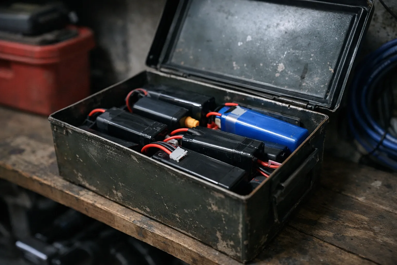 RC battery packs stored in a metal box on a garage shelf