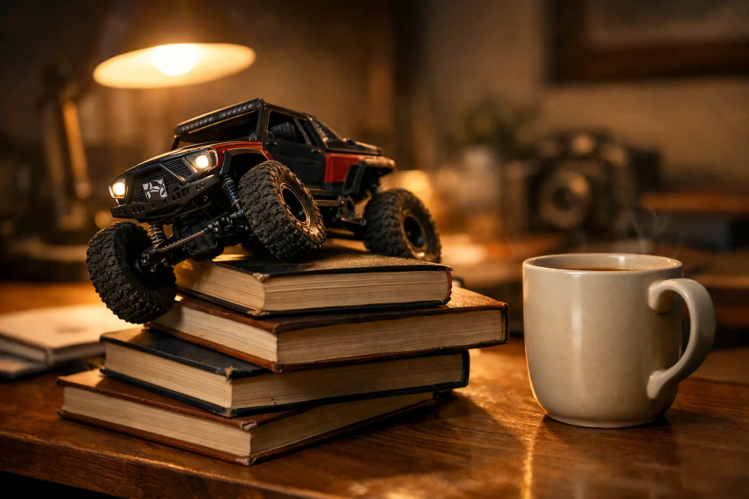 A tiny RC crawler climbing books on a desk