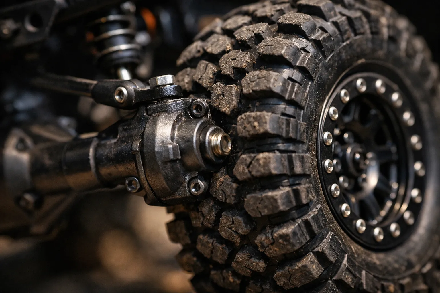 Close-up of a portal axle on a small RC crawler