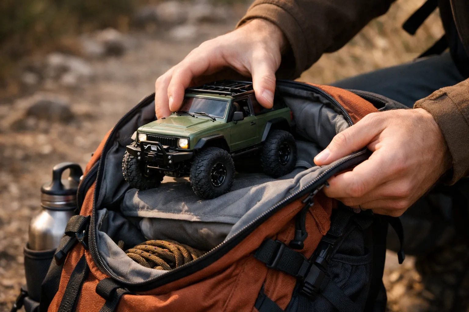 A small RC crawler going into a backpack on a trail