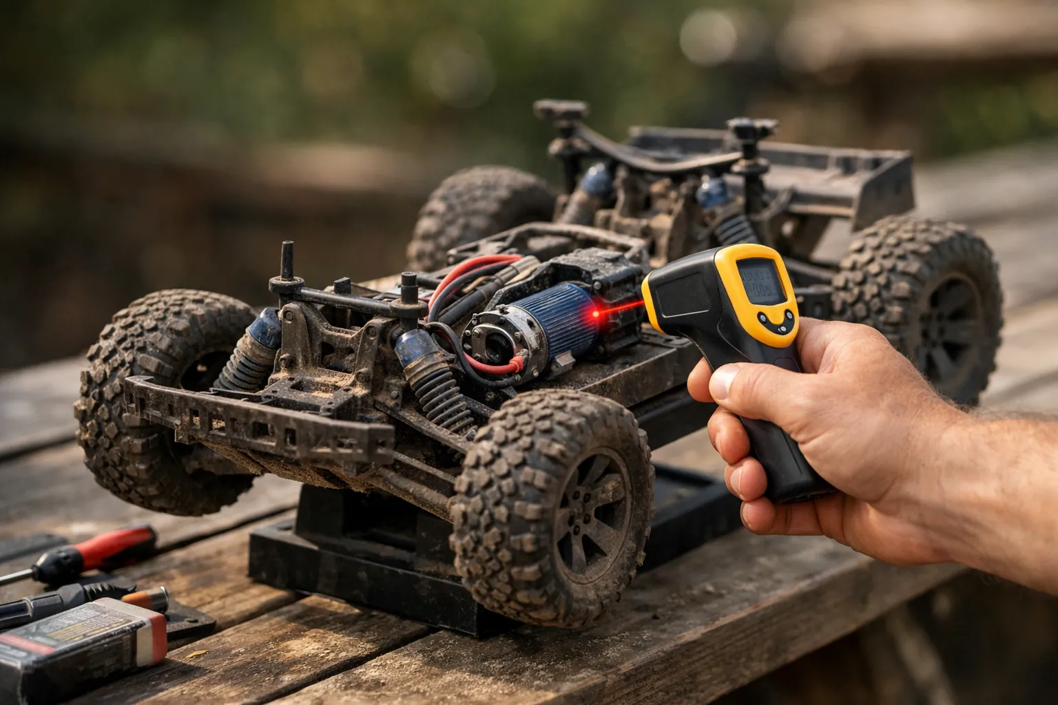 An infrared thermometer aimed at the motor of an RC truck after a run