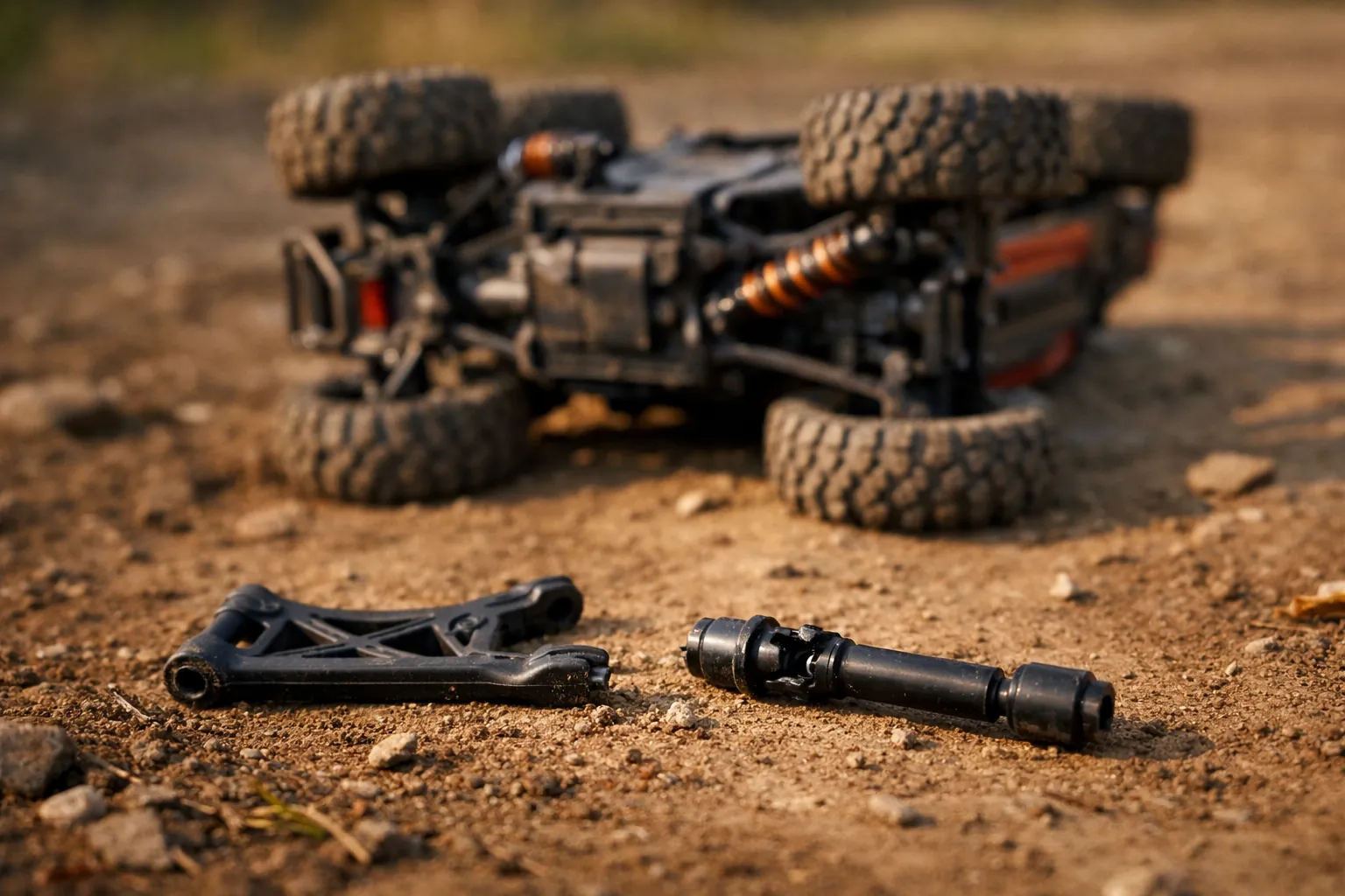 A broken RC suspension arm and driveshaft on a dirt track