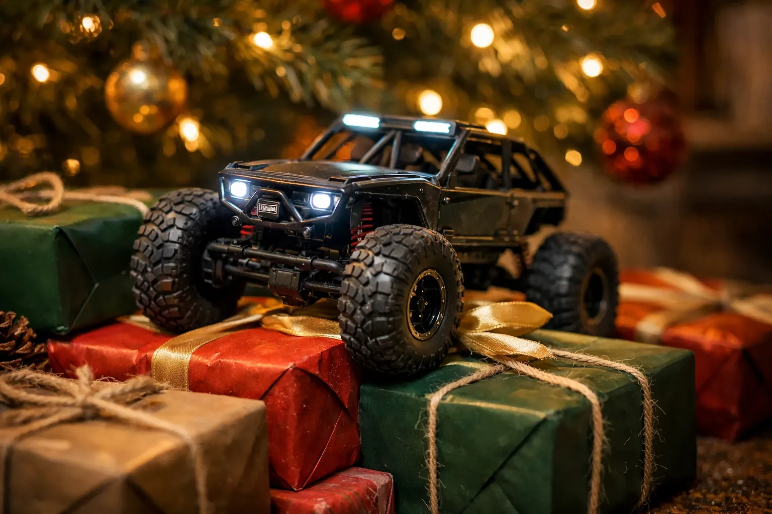 A small RC rock crawler climbing over wrapped presents